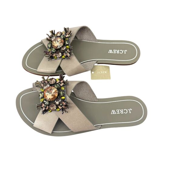J. Crew Cyrpus Sandals Women's 8 Gray Leather Jeweled Flat Slide C6420 HTF NWT - Picture 4 of 16